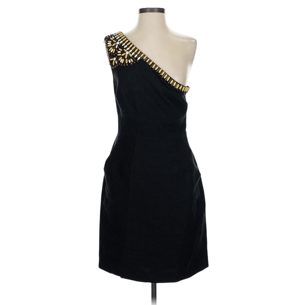 Trina Turk Black One Shoulder Mini Dress Womens 2 Wood Bead Classic Summer Vaca